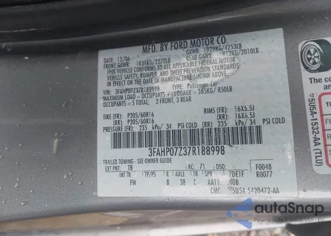 2007 Ford Fusion Se z USA, uszkodzony, nr VIN 3FAHP07Z37R188998